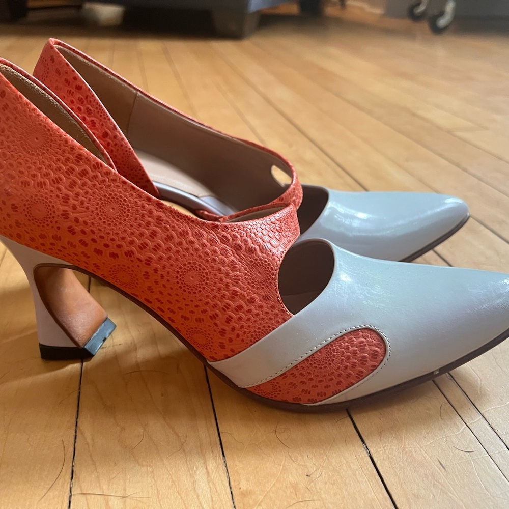 John Fluevog Orange and Pale Purple Heels with Unique Design